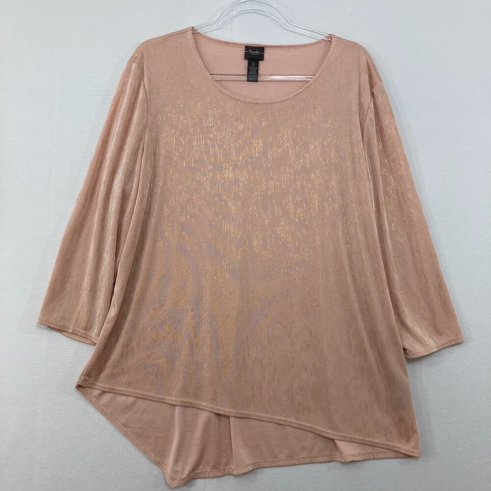 Chico's Travelers size XL/3 Cream Tan Metallic Stretch Asymmetric 3/4 Sleeve Top